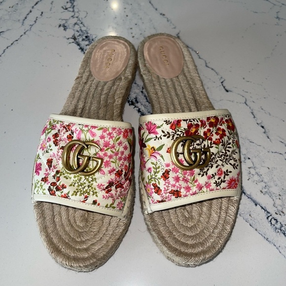 GUCCI 2019 Pilar Double G Floral Espadrille Canvas Slide Sandals 41 10C Wide - Picture 5 of 16